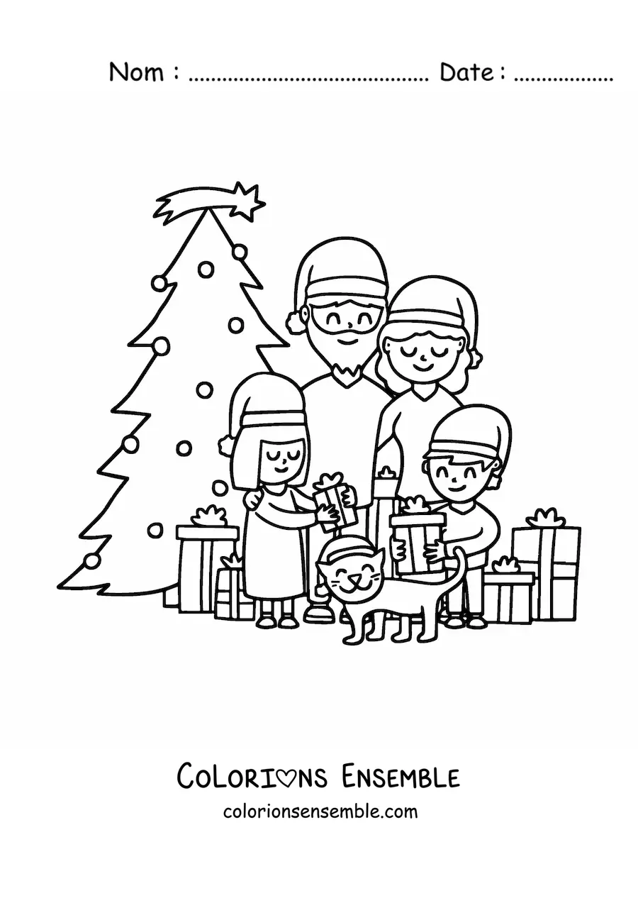 Image à colorier d’une famille de 4 personnes avec un chat près du sapin de Noël