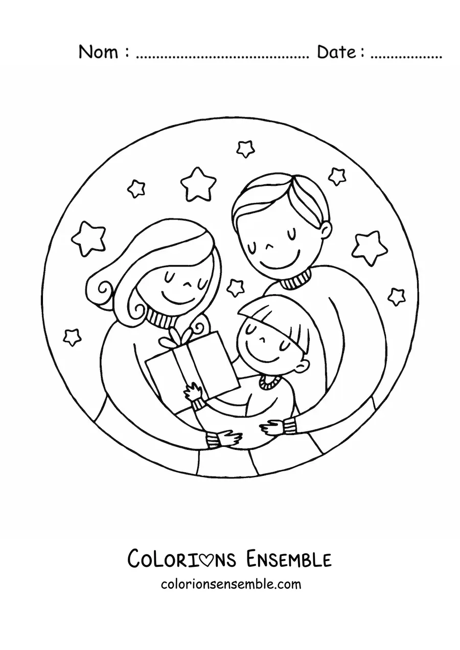 Image à colorier d’une famille de 3 personnes à Noël avec un cadeau