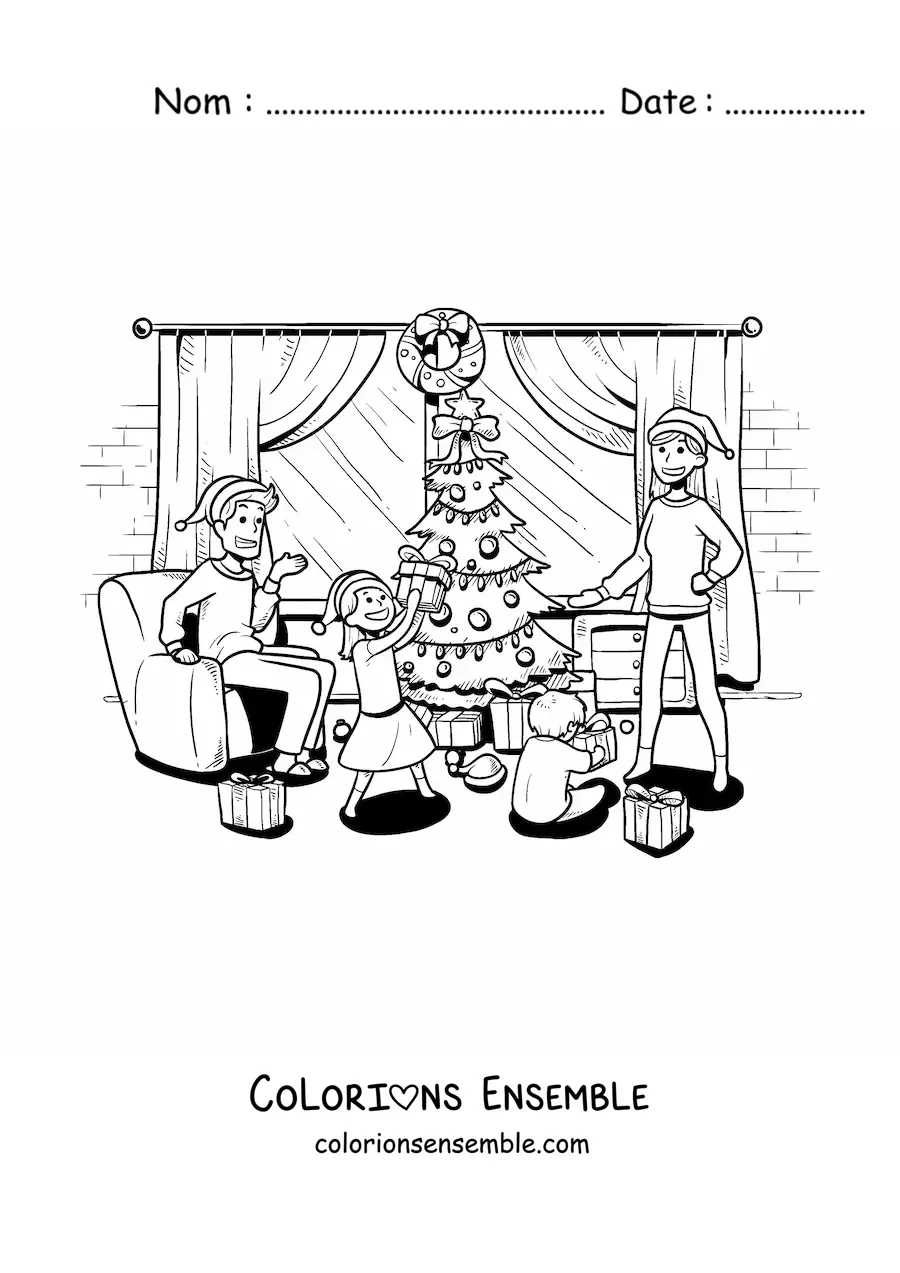 Image à colorier d’une famille qui ouvre ses cadeaux à Noël à la maison