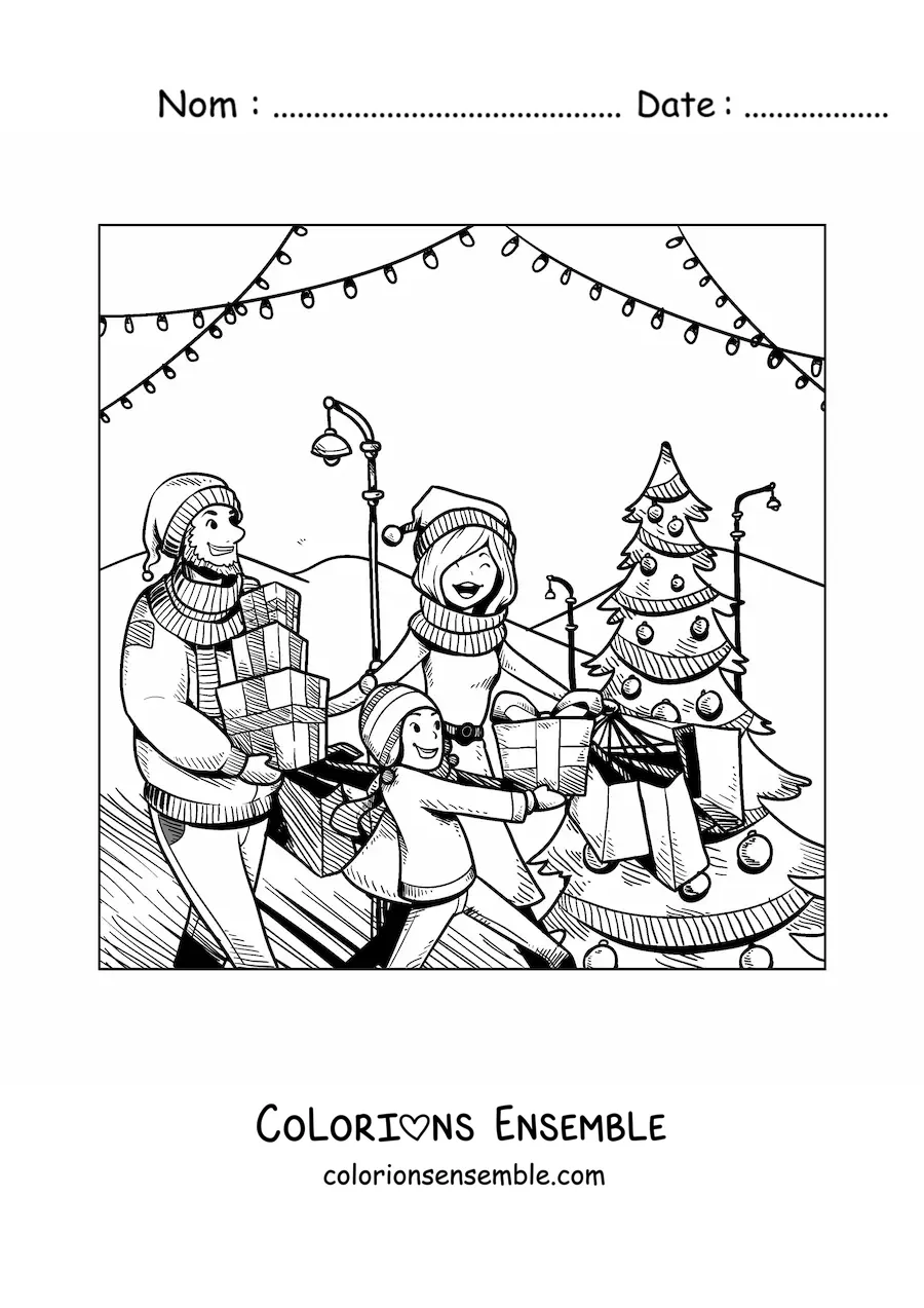 Image à colorier d’une famille qui fait les achats de Noël