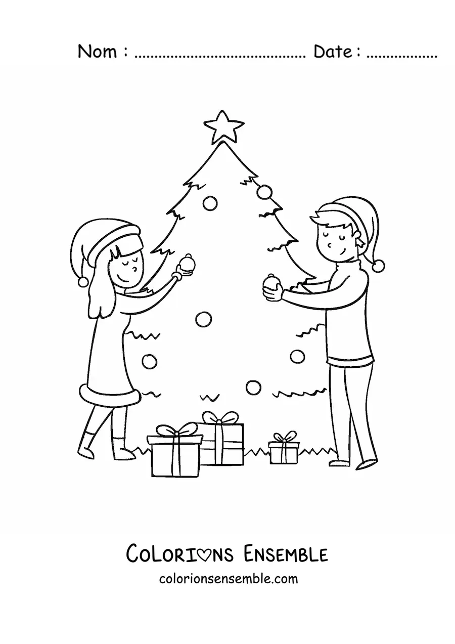 Image à colorier d’un couple qui décore le sapin de Noël