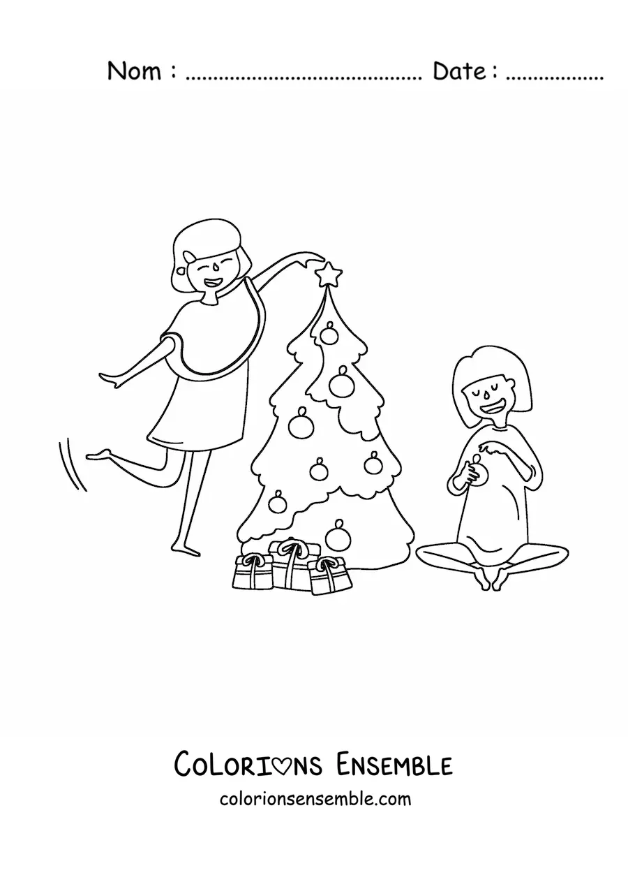 Image à colorier de deux filles qui décorent le sapin de Noël