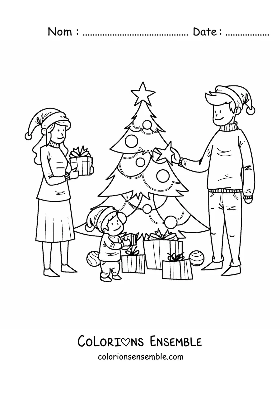 Image à colorier d’une famille le matin de Noël avec des cadeaux près du petit sapin