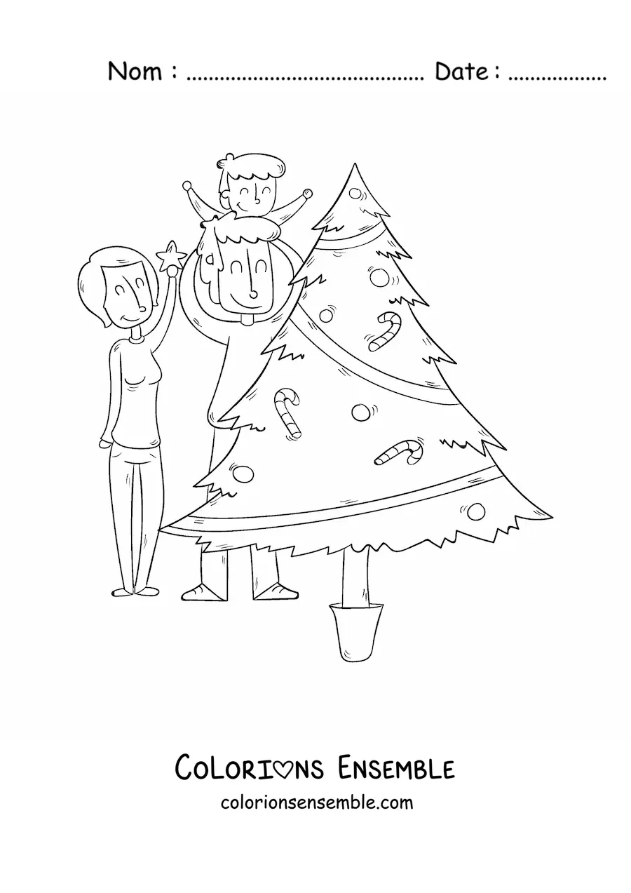 Image à colorier d’une famille qui décore le sapin de Noël