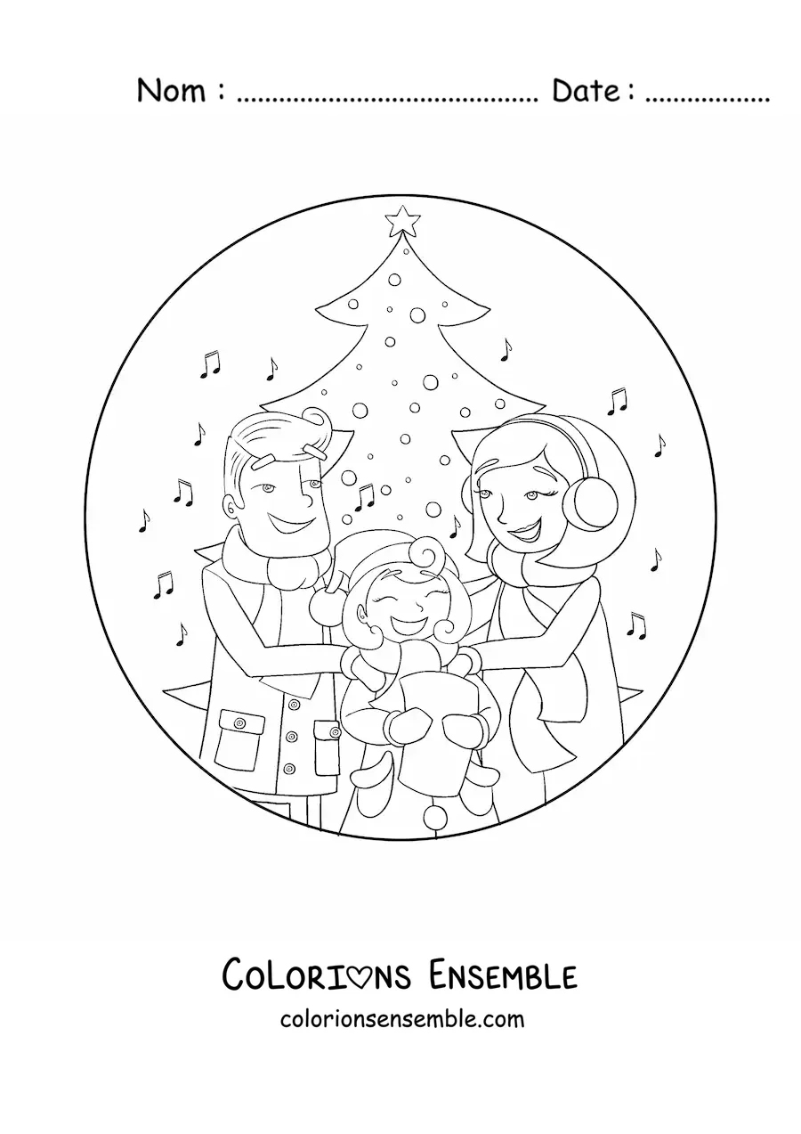 Image à colorier d’une famille qui chante des chants de Noël
