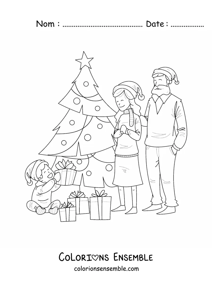Image à colorier d’une famille avec un garçon près du sapin de Noël avec des cadeaux
