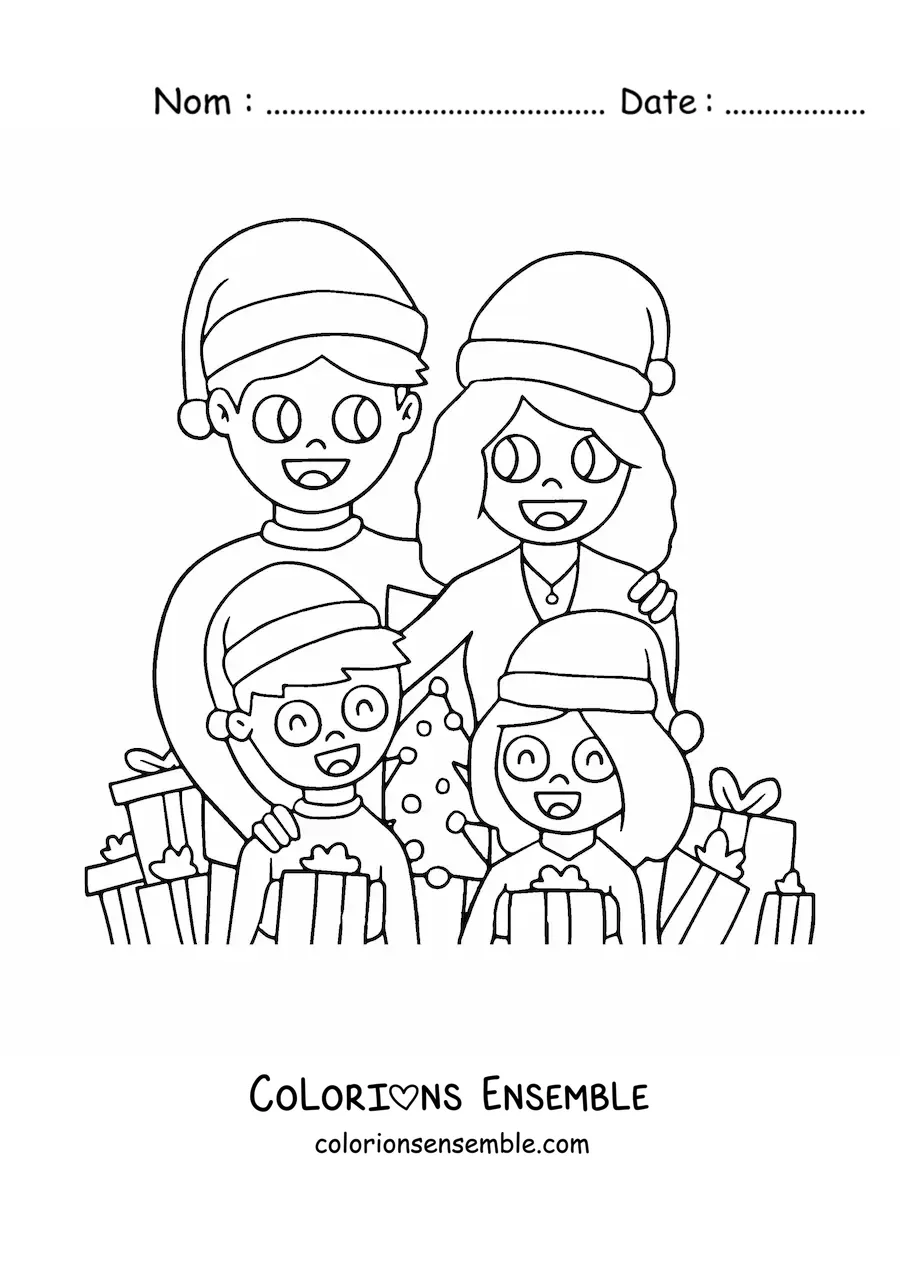 Image à colorier d’une famille de 4 membres réunie à Noël