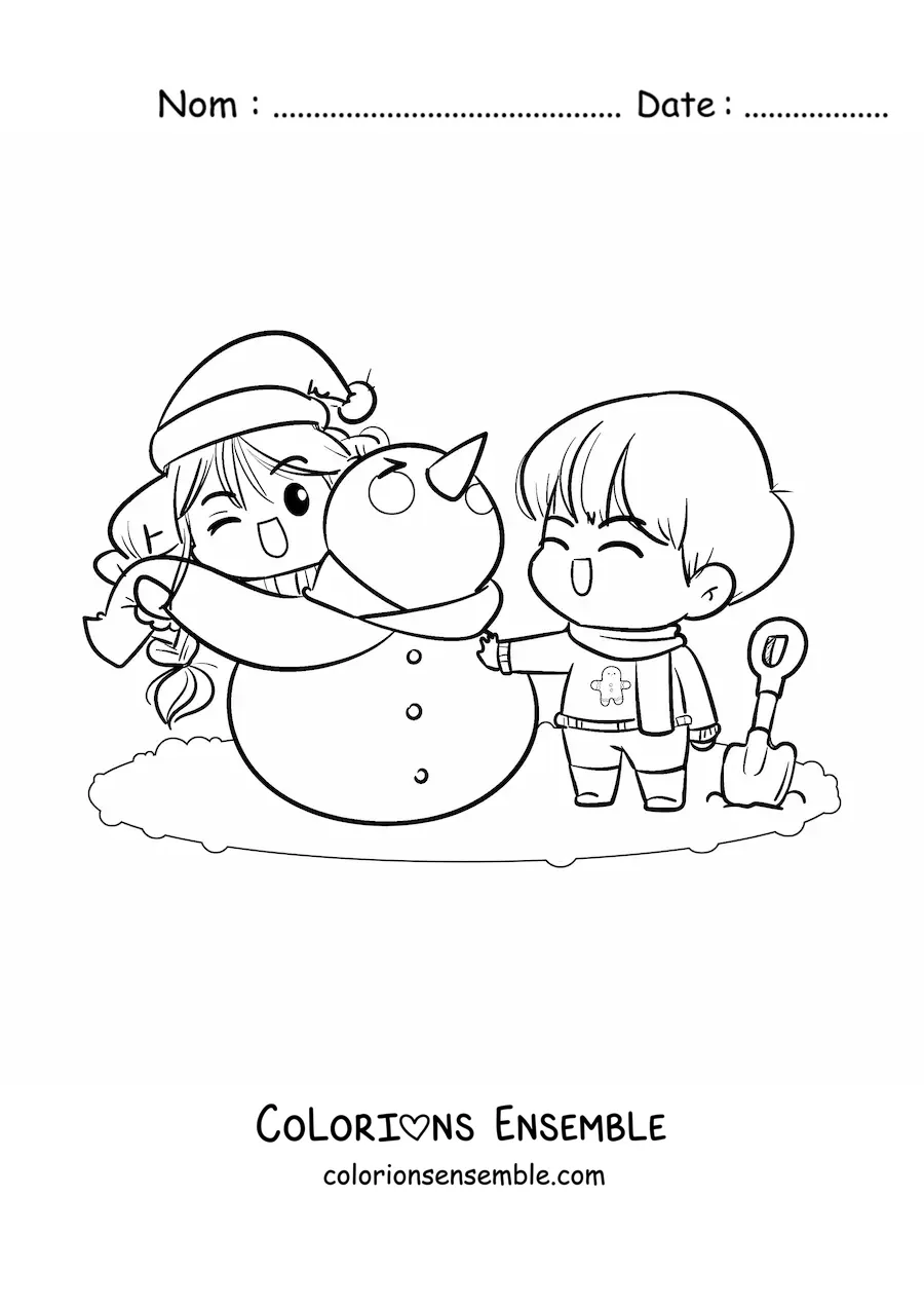 Image à colorier d’un couple qui construit un bonhomme de neige