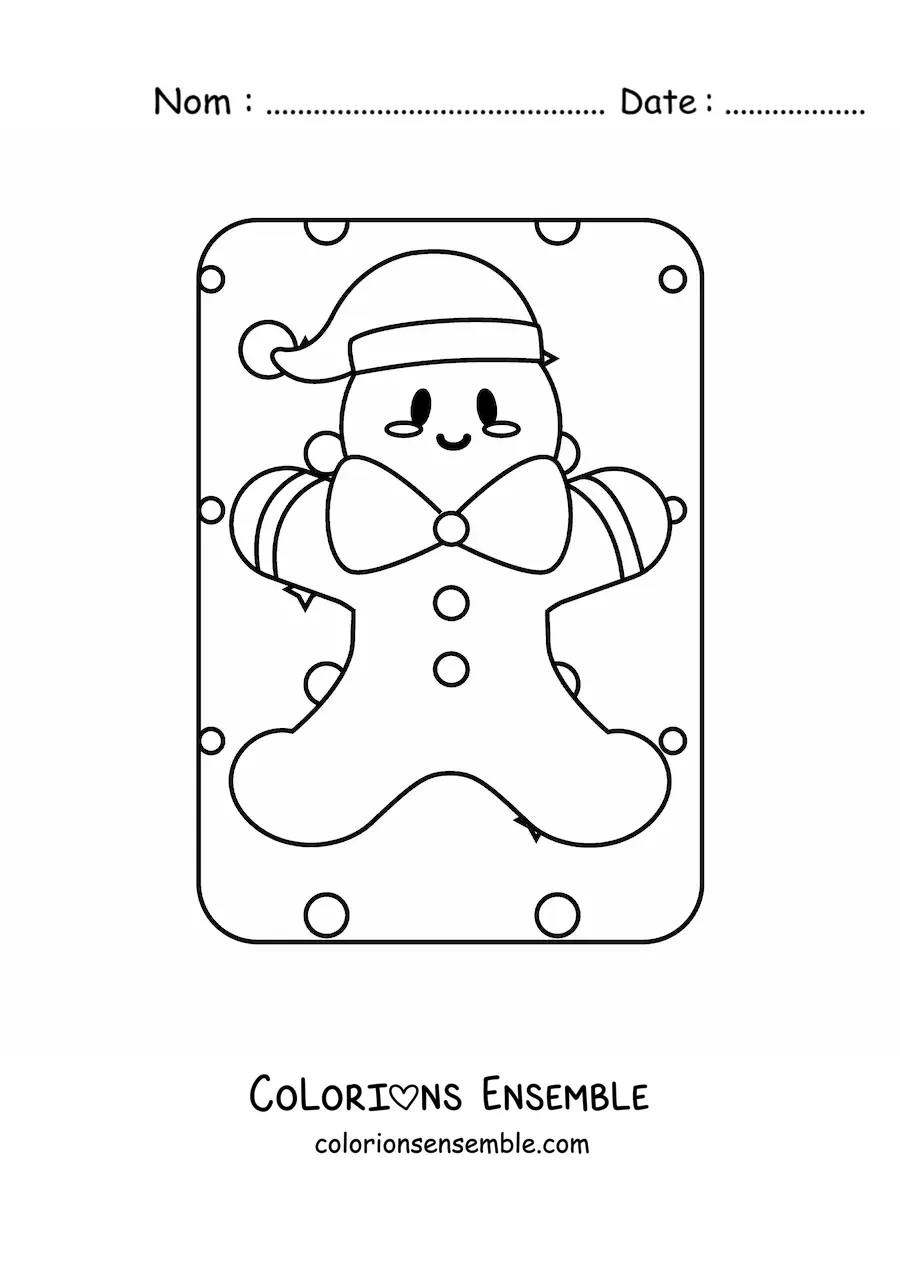 Image à colorier d’un bonhomme en pain d’épice kawaii avec un bonnet de Noël