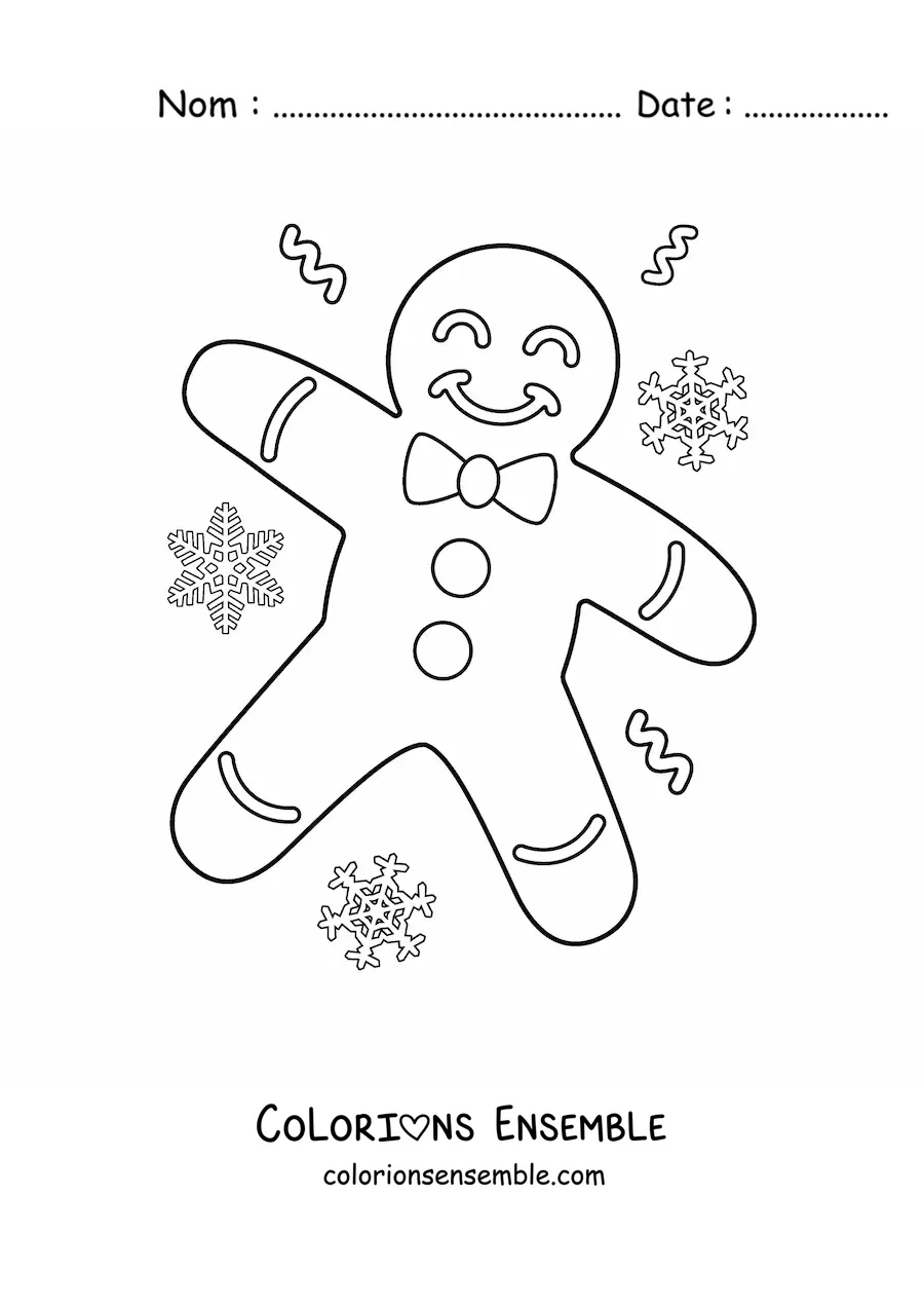 Image à colorier d’un grand bonhomme en pain d’épice avec des flocons de neige