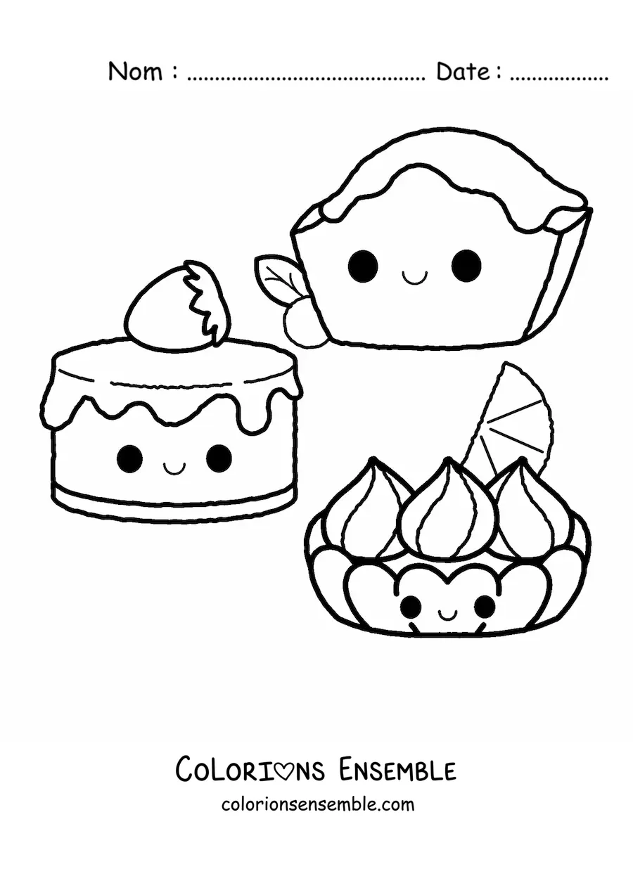 Image à colorier de trois gâteaux kawaii