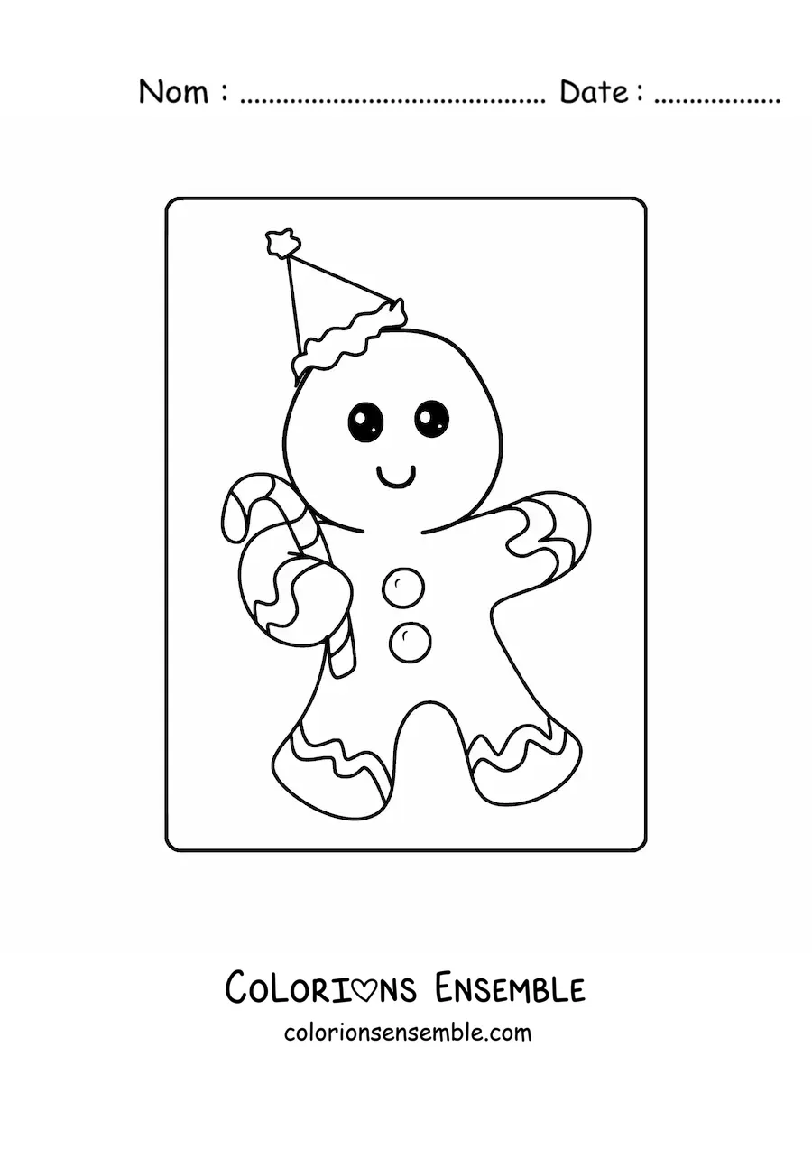 Image à colorier d’un bonhomme en pain d’épice animé avec une canne de bonbon