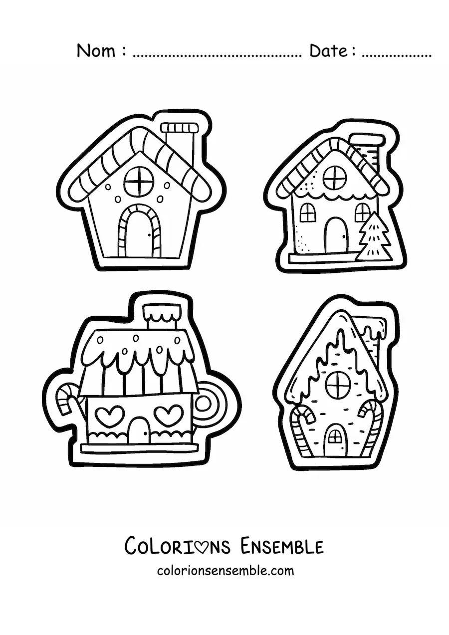 Image à colorier de biscuits en forme de maisons en pain d’épice