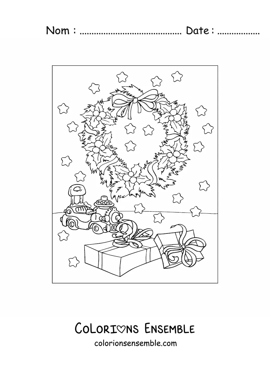 Image à colorier d’une couronne de Noël avec des cadeaux