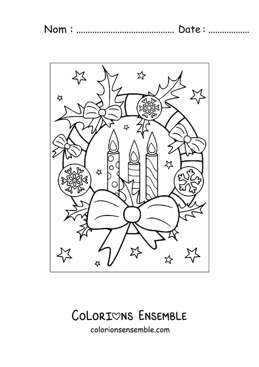 Image à colorier d’une couronne de Noël avec des bougies