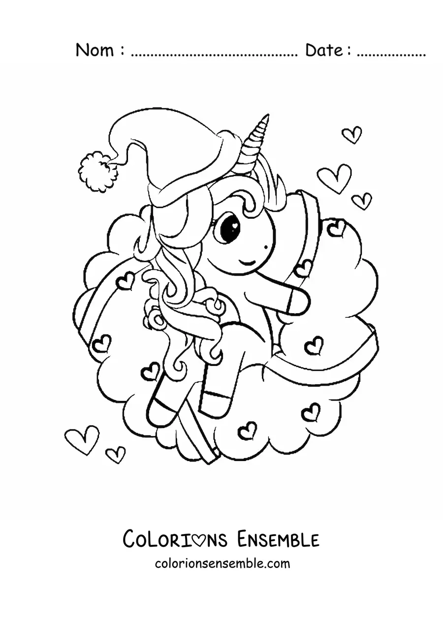 Image à colorier d’une couronne de Noël kawaii avec une licorne