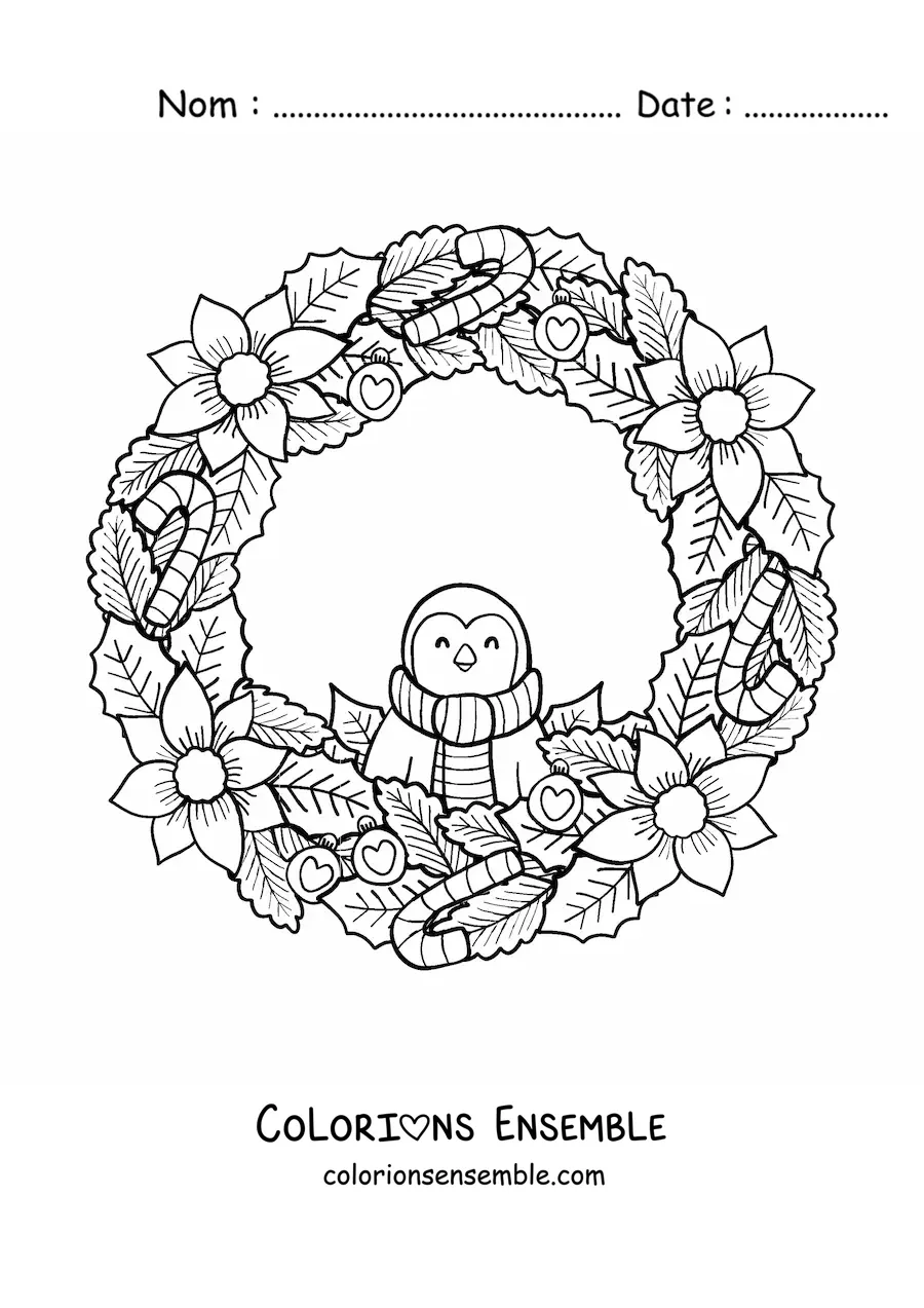 Image à colorier d’une couronne de Noël avec un pingouin kawaii et des fleurs