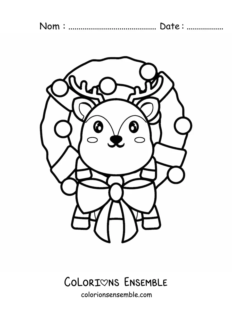 Image à colorier d’une couronne de Noël avec un renne kawaii