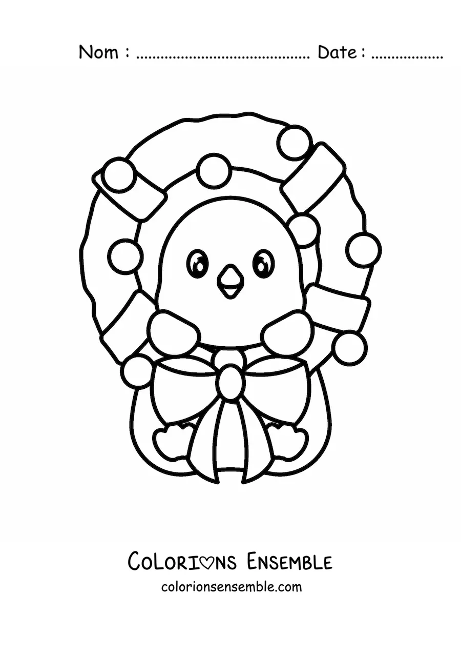 Image à colorier d’une couronne de Noël avec un pingouin kawaii
