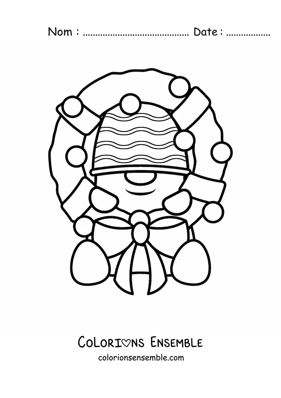 Image à colorier d’une couronne de Noël avec un bonhomme de neige