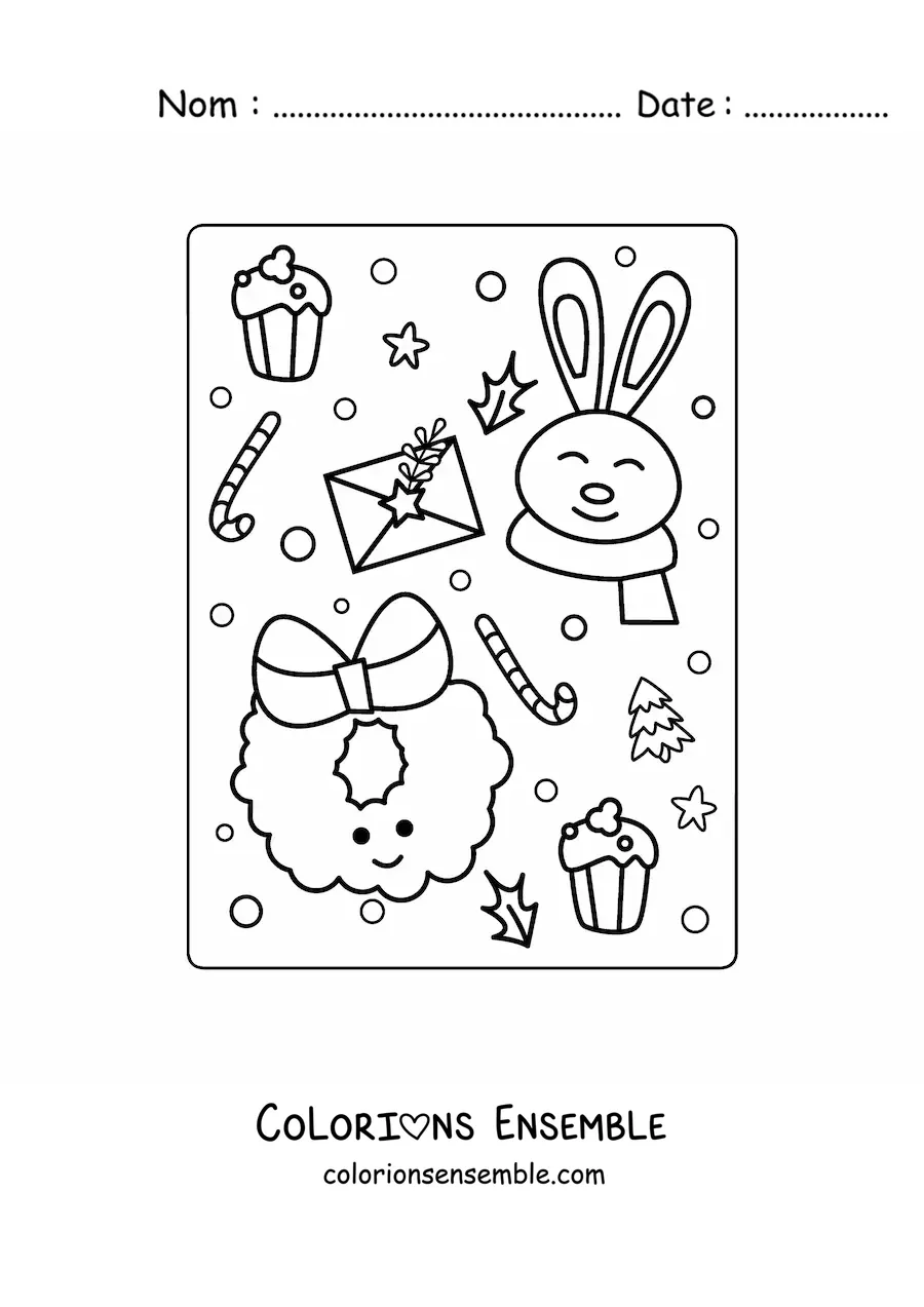 Image à colorier d’une couronne de Noël kawaii animée
