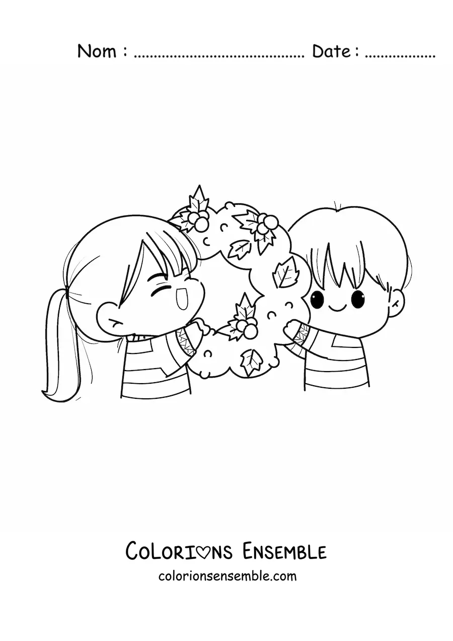 Image à colorier d’un couple kawaii avec une couronne de Noël