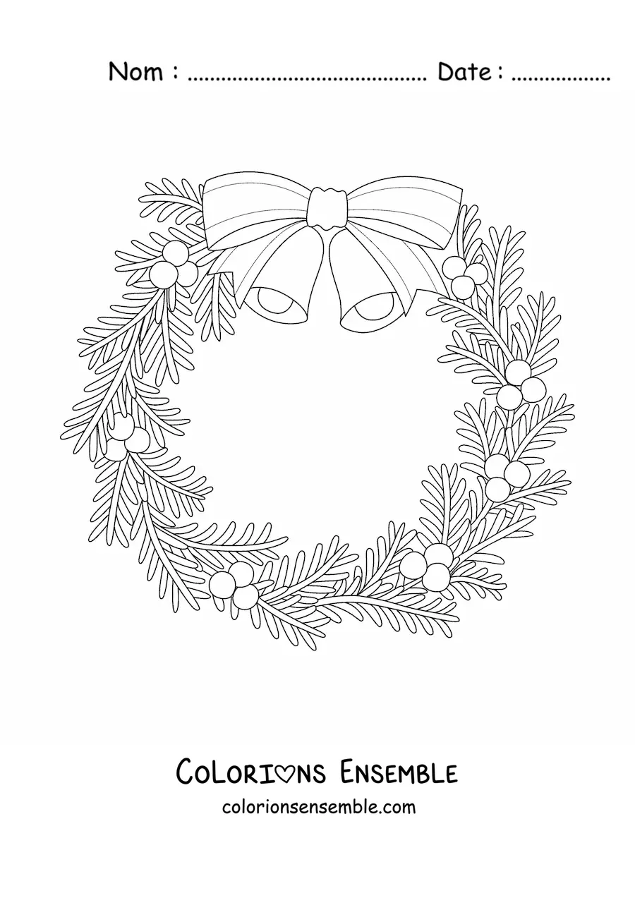 Image à colorier d’une couronne de Noël avec des cloches