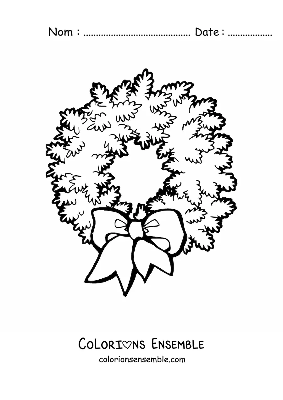 Image à colorier d’une couronne de Noël avec un nœud