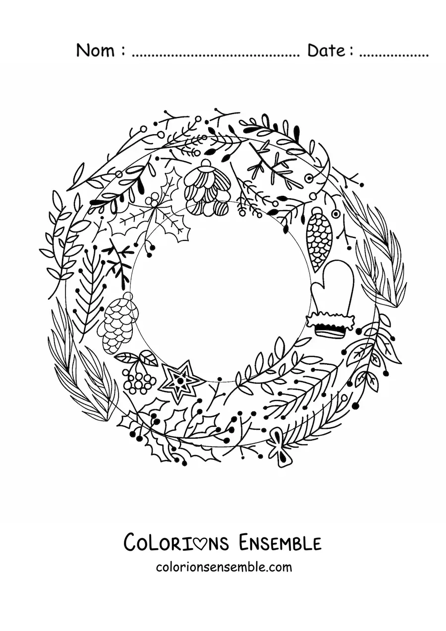Image à colorier d’une couronne de Noël avec des ornements
