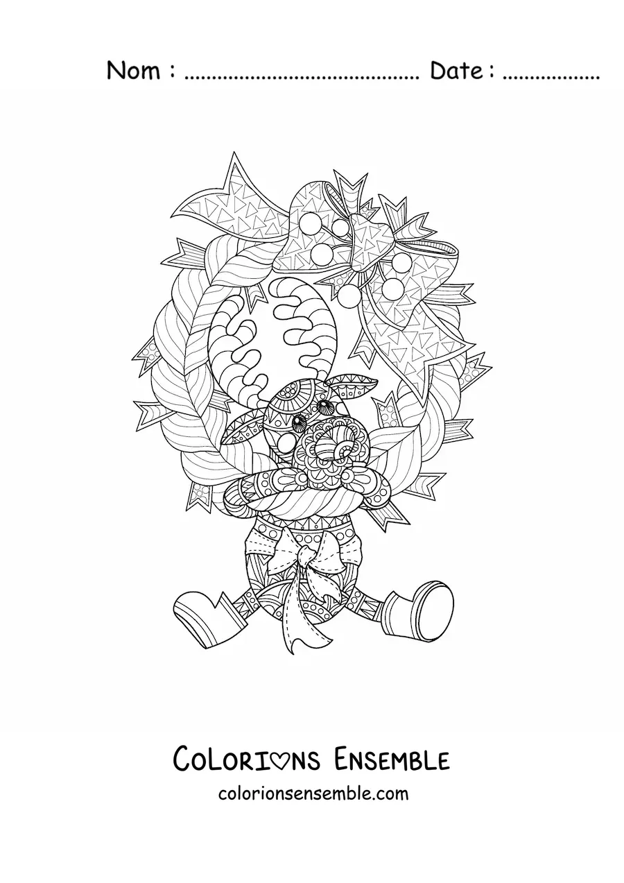 Image à colorier d’une couronne de Noël avec un mandala de renne