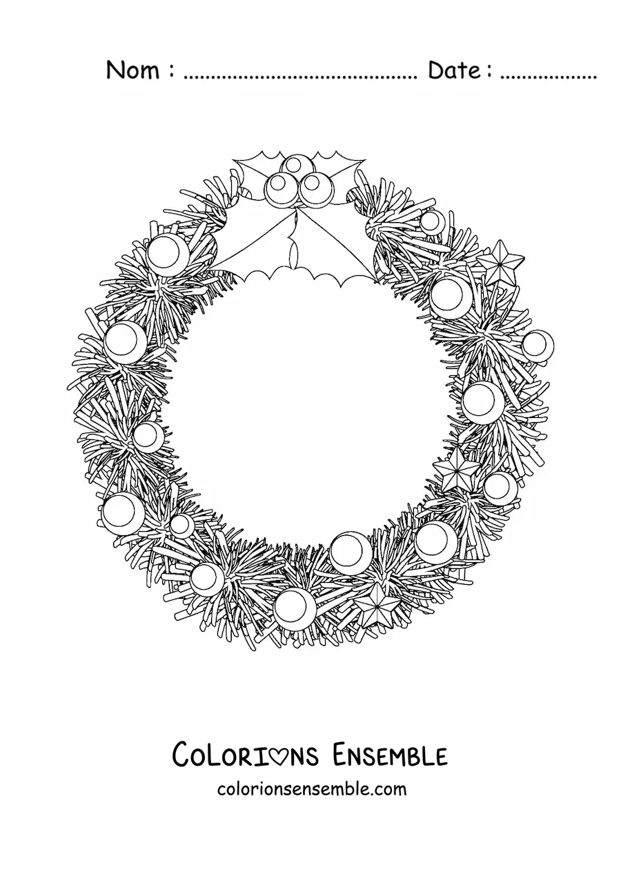 Image à colorier d’une couronne de Noël avec des décorations