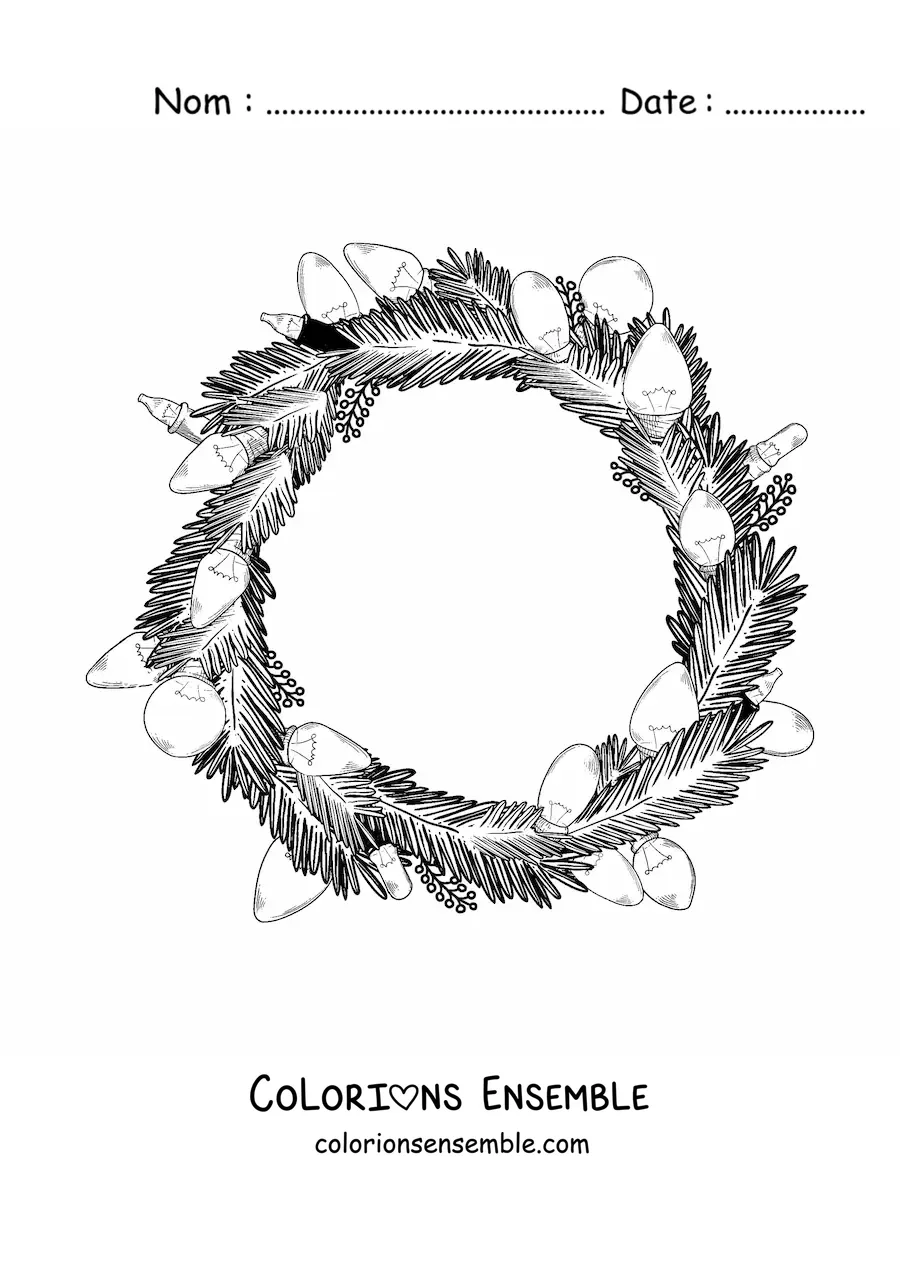 Image à colorier d’une couronne de Noël avec des lumières