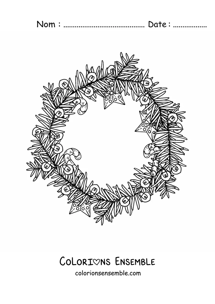 Image à colorier d’une couronne de Noël avec une canne de bonbon