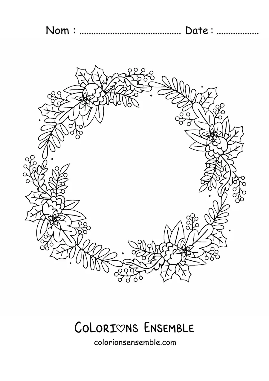 Image à colorier d’une couronne de Noël avec des feuilles