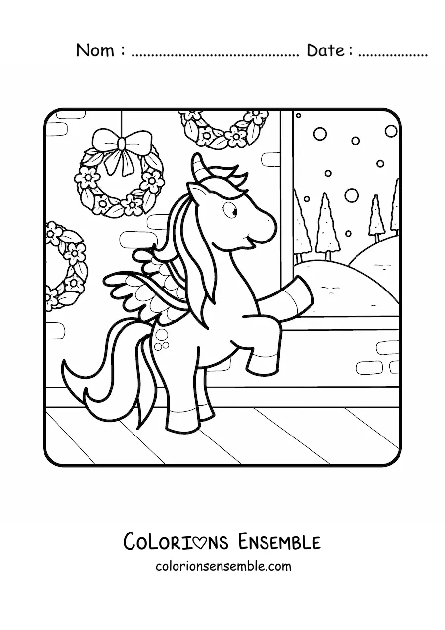 Image à colorier d’une licorne avec des couronnes de Noël
