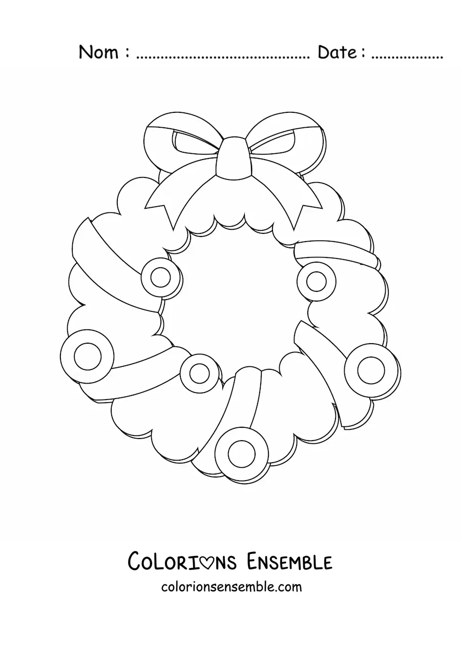 Image à colorier d’une couronne de Noël avec un nœud et des décorations