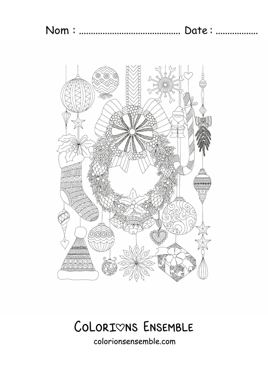 Image à colorier d’une couronne de Noël avec des ornements de Noël