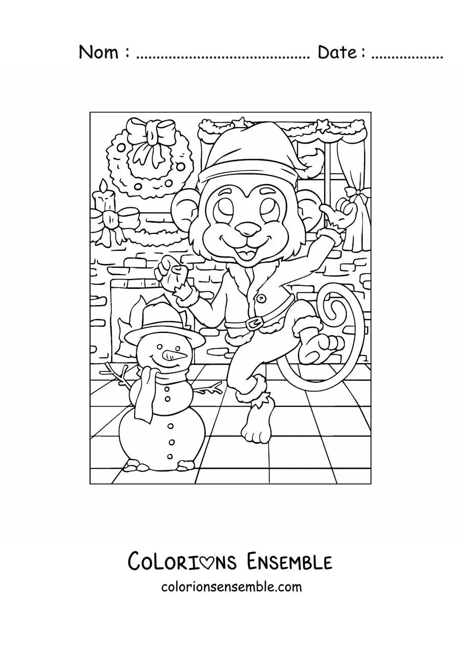 Image à colorier d’un singe animé avec une couronne de Noël