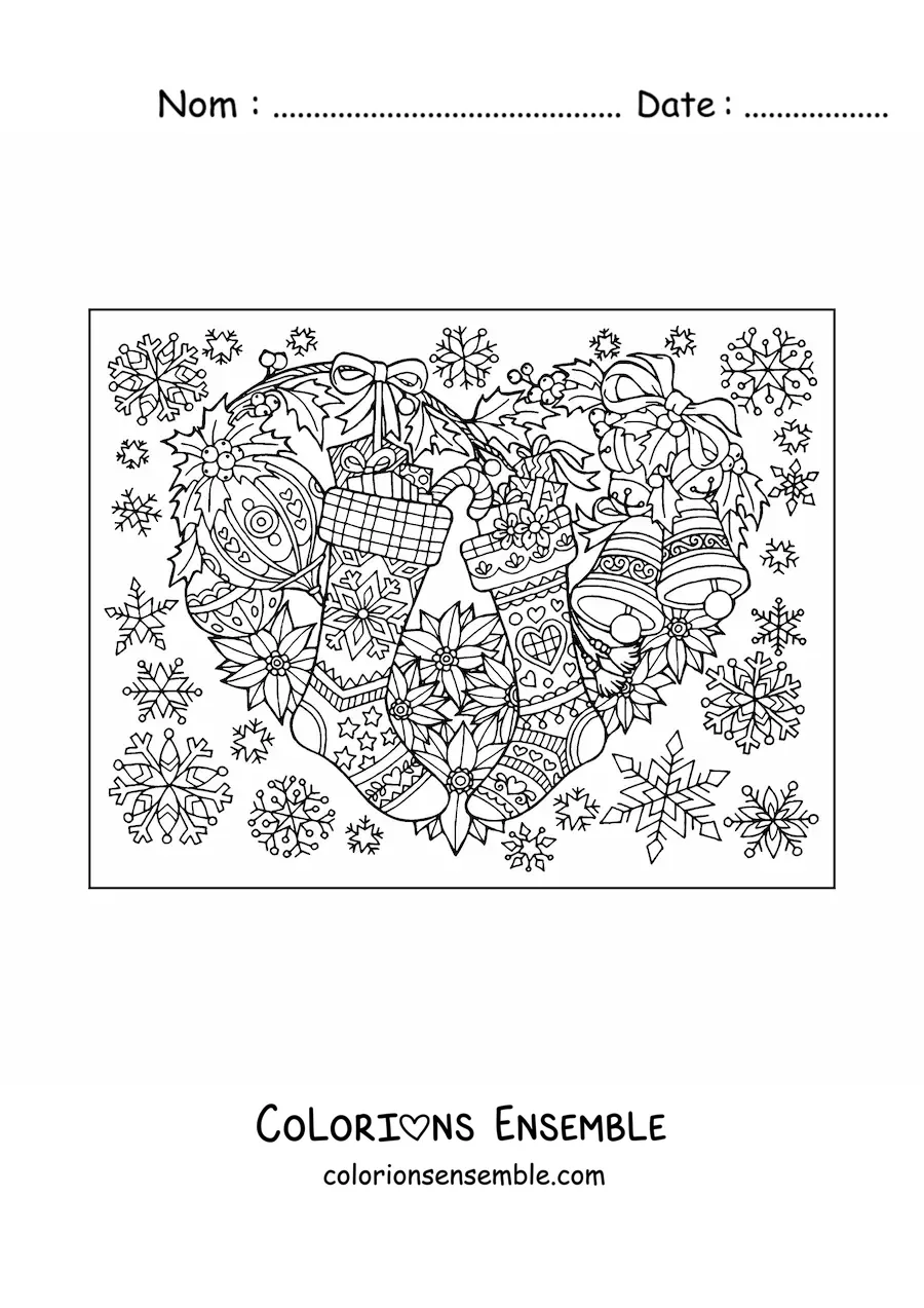 Image à colorier d’une jolie couronne de Noël avec des chaussettes et des boules