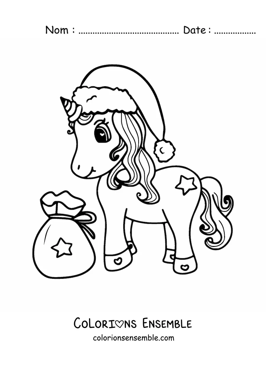 Image à colorier d’une licorne kawaii avec un bonnet de Noël