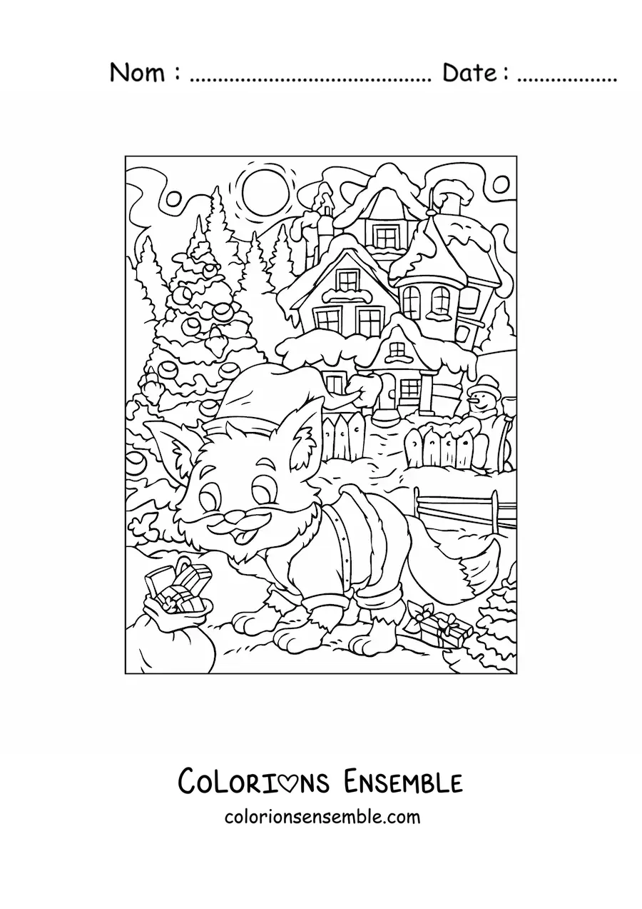 Image à colorier d’un renard animé avec un bonnet de Noël