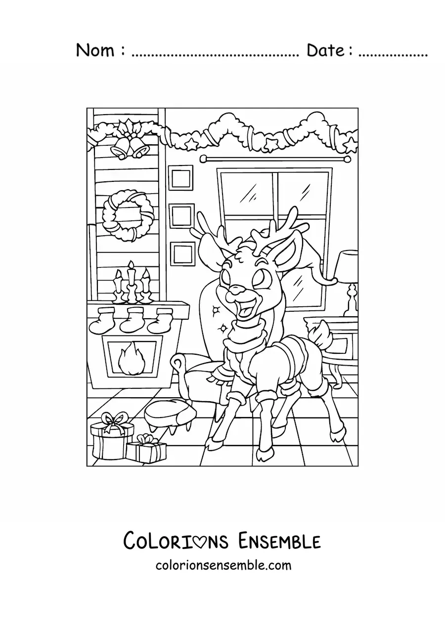 Image à colorier d’un cerf animé avec un bonnet de Noël