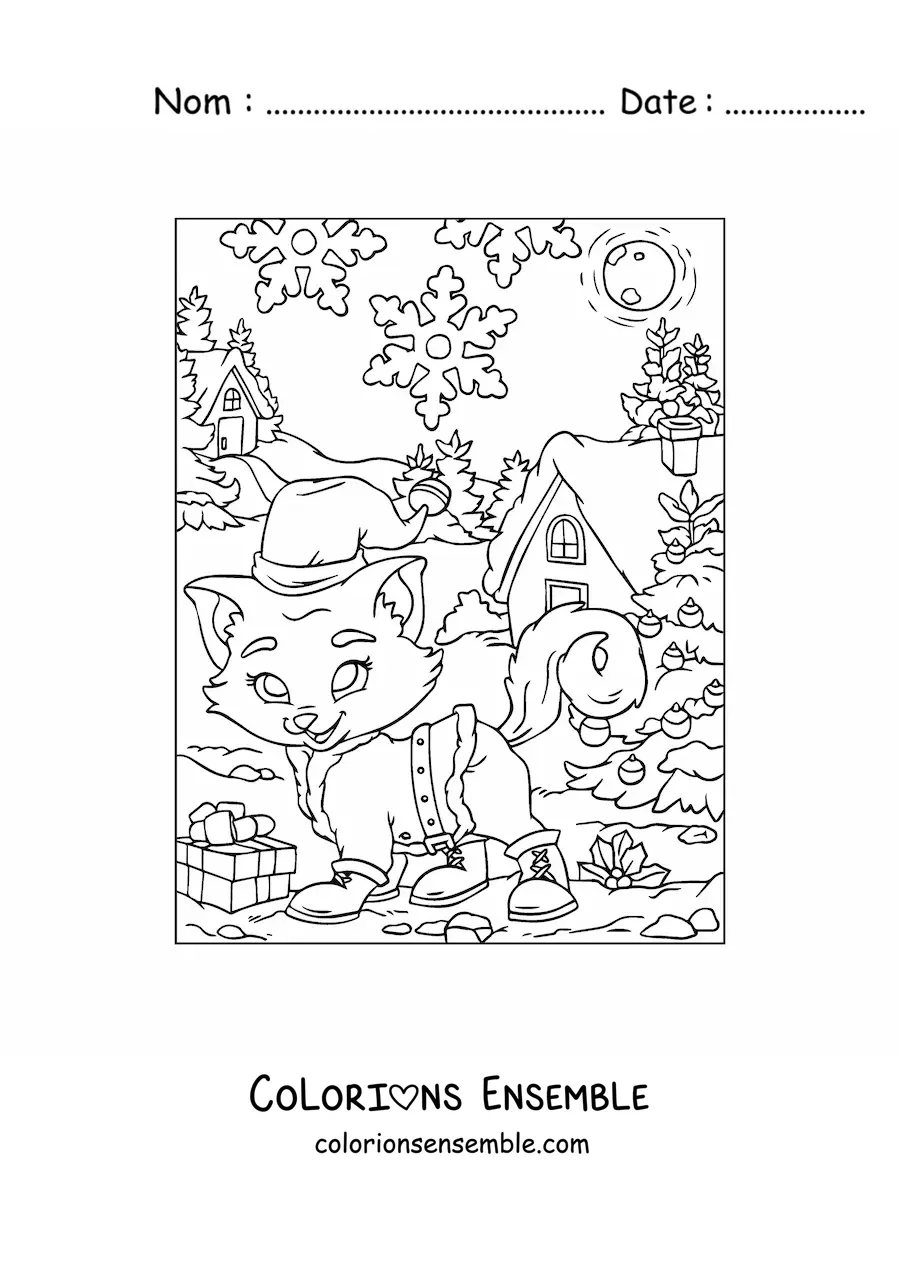 Image à colorier d’un chat animé avec un bonnet de Noël