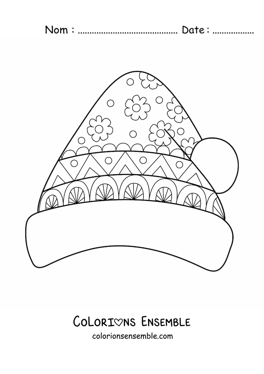 Image à colorier d’un bonnet de Noël avec un mandala de fleurs