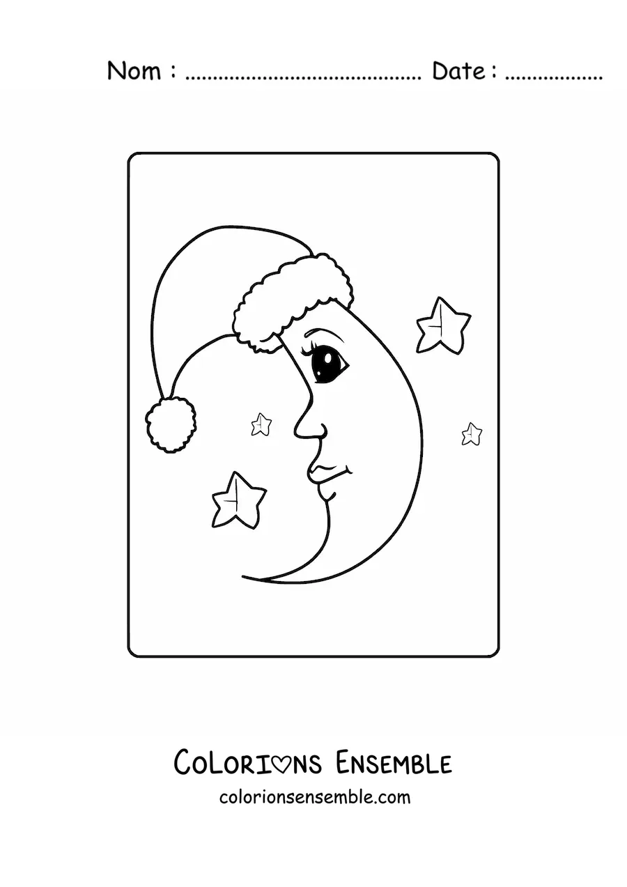 Image à colorier d’une lune animée avec un bonnet de Noël