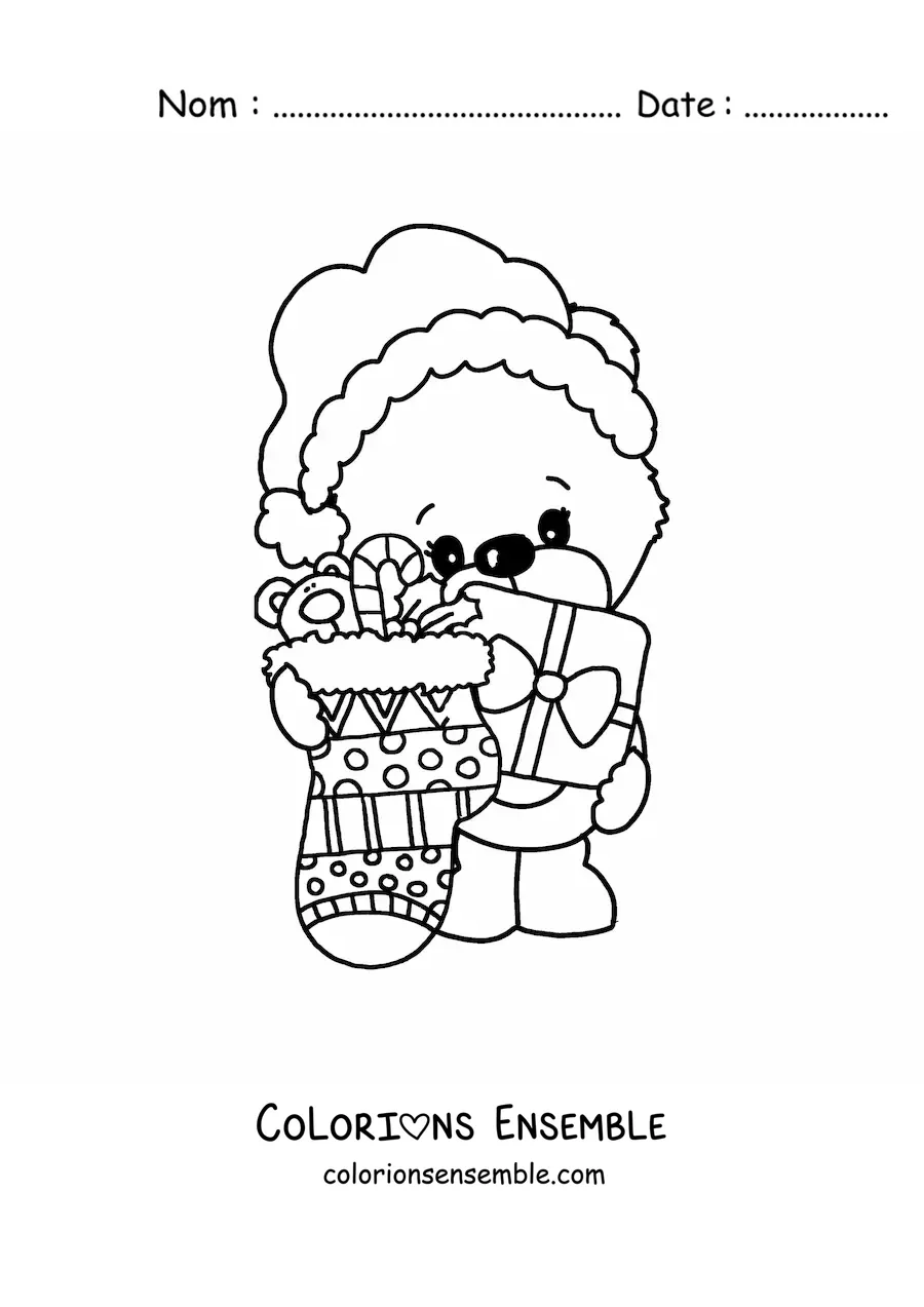 Image à colorier d’un ours kawaii avec des cadeaux et une botte de Noël