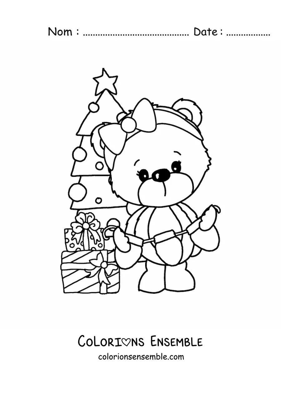 Image à colorier d’un ours de Noël avec un sapin de Noël et des cadeaux