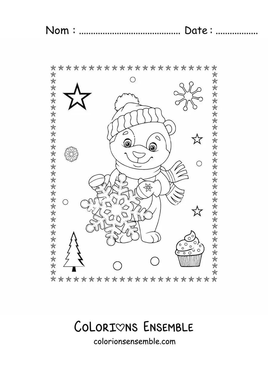 Image à colorier d’un ours de Noël animé avec un flocon de neige