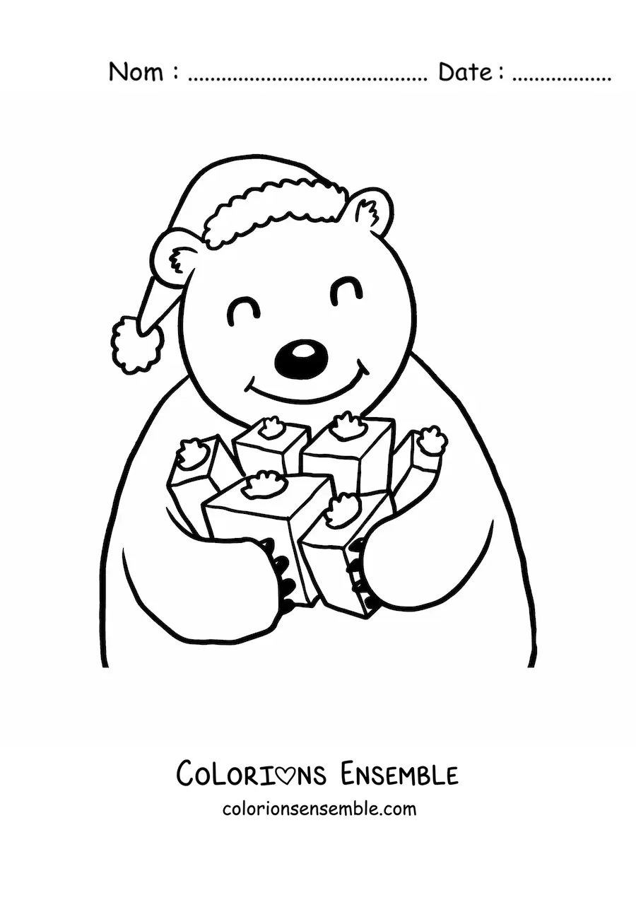 Image à colorier d’un ours avec des cadeaux et un bonnet de Noël