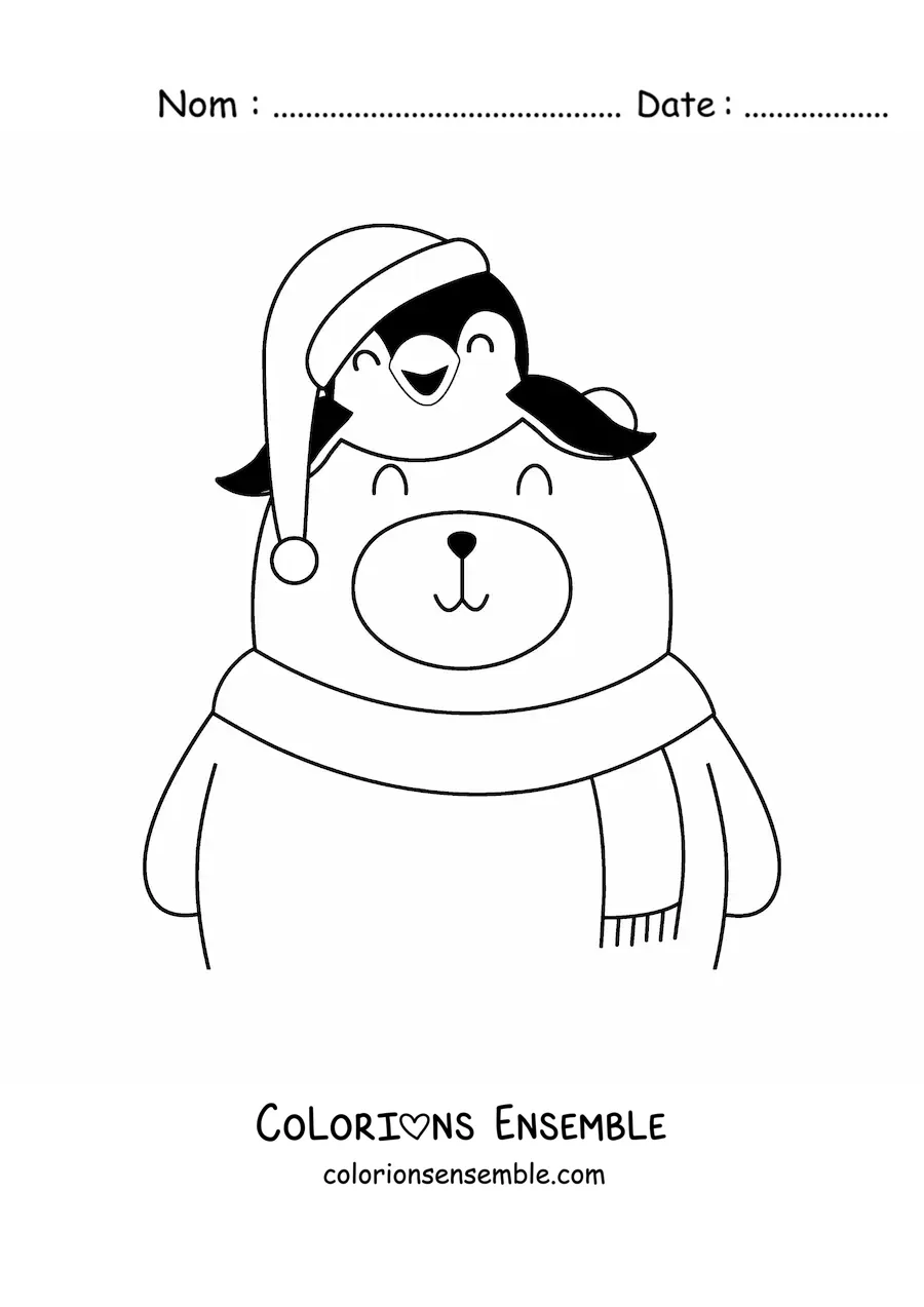 Image à colorier d’un ours avec un pingouin et un bonnet de Noël